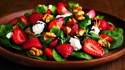 Vibrant spring salad with fresh strawberries spinach goat cheese and walnuts drizzled with balsamic glaze served on a rustic wooden plate rare spring food fresh flavors 