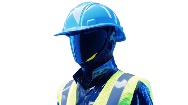 Blue Helmeted Construction Worker in Protective Gear with Reflective Vest at Industrial Site