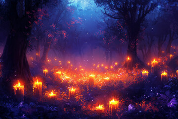 Fototapeta premium fabulous Night forest and magic candles. mysterious fairy scene. witchcraft ritual. fall season natural Background. Samhain, Halloween holiday concept. copy space 