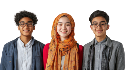 Diverse group of three young individuals smiling, showcasing friendship and cultural richness against a white isolated background.