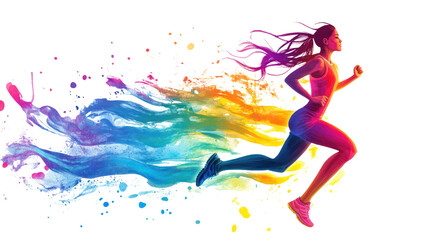 Dynamic and colorful illustration of a female runner in motion, emitting vibrant trails of color, symbolizing speed and energy.