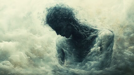 Abstract figure, somber, engulfed in swirling clouds.