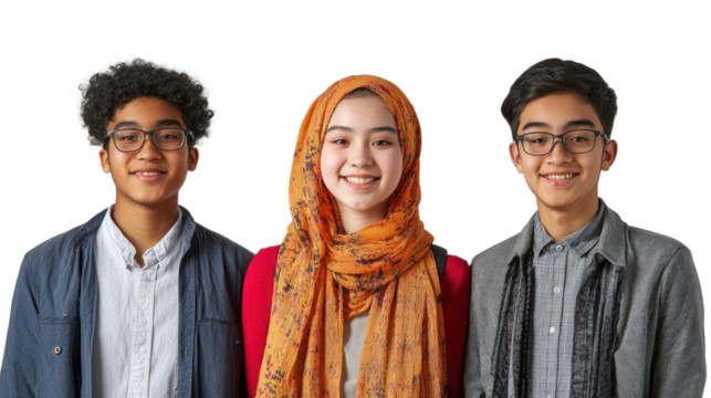 Diverse group of three young individuals smiling, showcasing friendship and cultural richness against a white isolated background.
