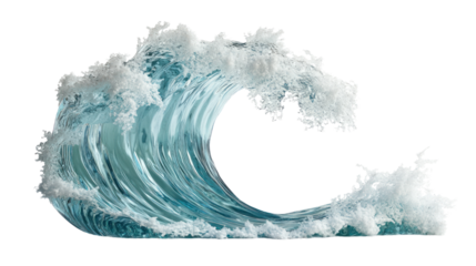 Dynamic crashing wave showcasing vivid blue hues and frothy white crests, set against a transparent background for enhanced visual impact.