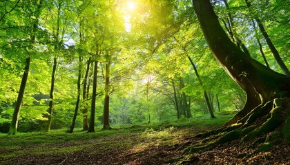 Fototapeta premium lush green canopy vibrant new leaves sunlight dappled forest floor ecology background