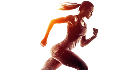 Dynamic female athlete in motion, showcasing strength and agility during a run, isolated against a white background for an impactful presentation.