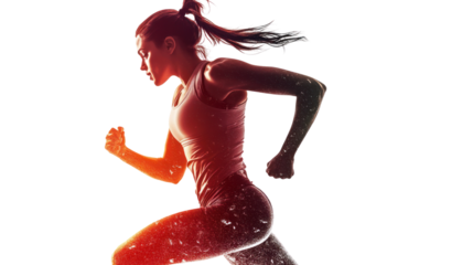 Dynamic female athlete sprinting energetically, showcasing strength and determination in motion against a vibrant background.