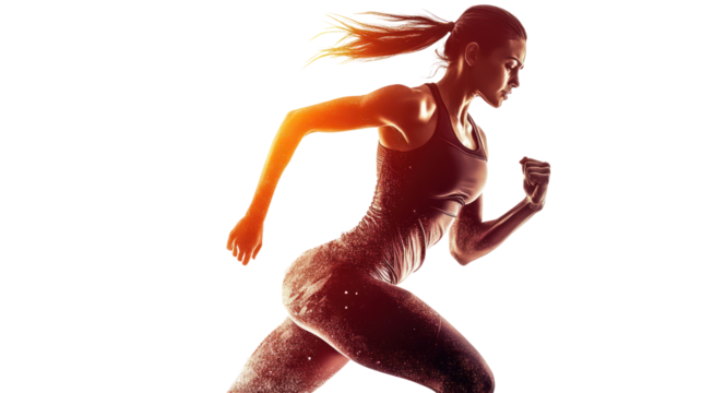 Dynamic female athlete in motion, showcasing strength and agility during a run, isolated against a white background for an impactful presentation.