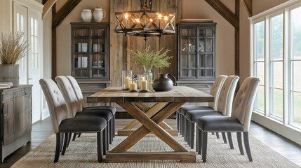 Elegant Dining Room with Modern Furniture and Wooden Table in a Cozy Atmosphere