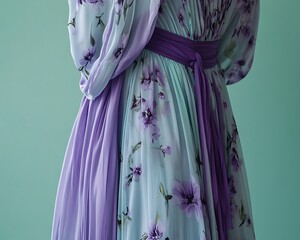 Charming Violet Floral Kaftan Dress with Soft Mint Background