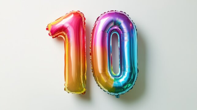 Number 10 in metallic rainbow foil balloons on a white background.