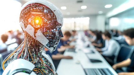 Human-like robot in a modern office environment with colleagues engaged in work