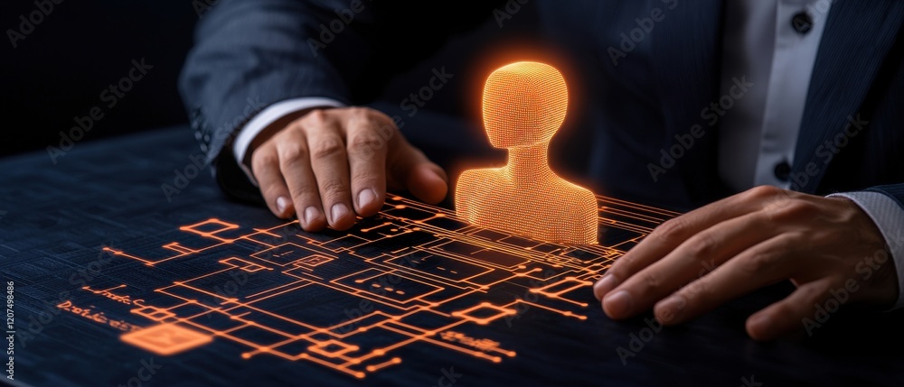 Poster a person interacts with a holographic figure on a digital interface, showcasing advanced technology 