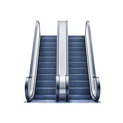 Front View of a Pair of Escalators with Silver Handrails and Blue Treads, Transparent Background