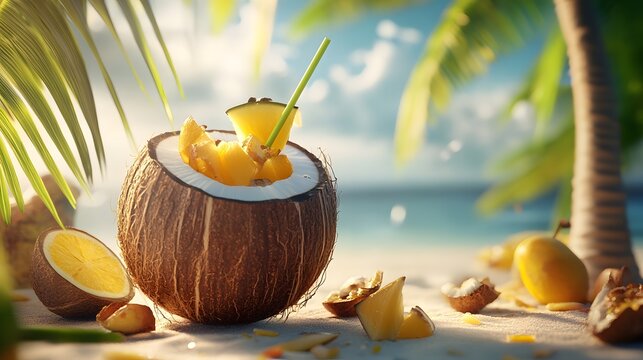 Refreshing Tropical Coconut Drink with Straw Surrounded by Fresh Fruits on Sandy Beach
