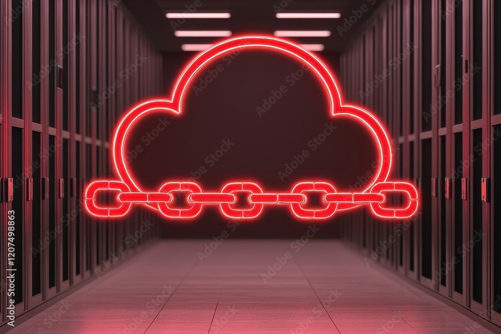 Poster cloud security concept. a neon cloud with chains symbolizes cloud security and data protection withi