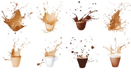 Dynamic splashes of various beverages captured in action, showcasing rich colors and textures against a white background.