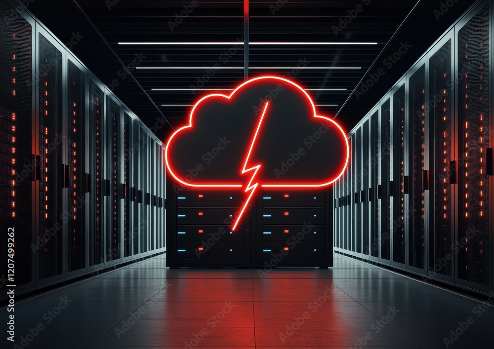 Poster a digital cloud symbol with a lightning bolt glows in a server room, symbolizing cloud computing and