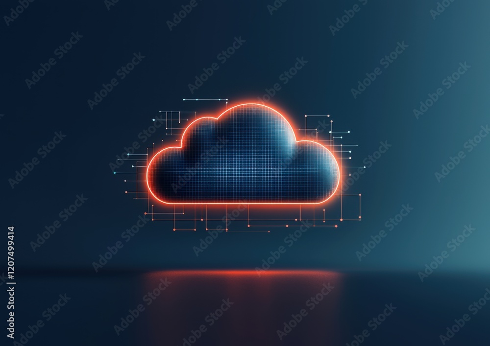 Poster a glowing, digital cloud icon with a grid pattern, symbolizing cloud computing and data storage tech