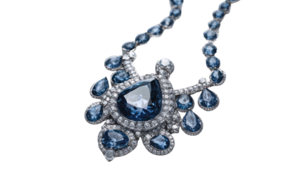Elegant blue gemstone necklace with a sparkling design, perfect for accessorizing formal attire, isolated on white background.