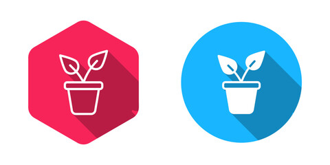 Filled and outline Plant in pot icon isolated with long shadow background. Plant growing in a pot. Potted plant sign. Vector