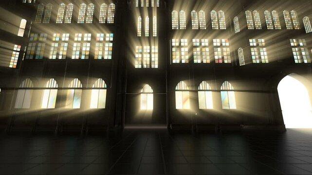 3d Animation of a gothic building with godrays shining through the windows and the door