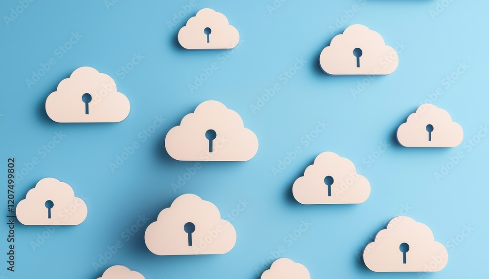 Poster cloud security concept. a collection of cloud icons with keyholes on a blue background, symbolizing 