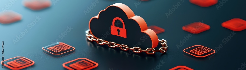 Poster cloud security concept. a cloud symbol with a padlock, secured by a chain, set against a background 