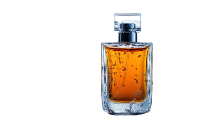 Elegant glass perfume bottle with amber liquid, isolated on a white background. Perfect for beauty and fragrance advertisements.