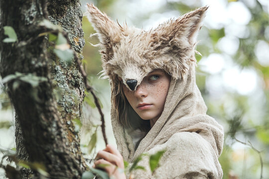 A mystical forest bathed in soft moonlight, where a young boy wearing a wolf mask stands amidst towering ancient trees. adventure, mystery, and the allure of folklore