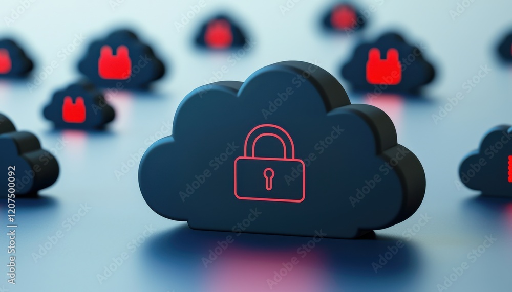 Poster concept of cloud security. a cloud symbol with a padlock, representing secure cloud storage amidst o