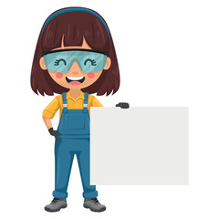 Maintenance technician. Handy woman holding a banner with space for text for advertising, presentations, brochures, focused on maintenance tasks, repairs in industrial and domestic environments