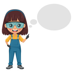 Maintenance technician. Handy woman thinking with space for text for advertising, presentations, brochures, focused on maintenance tasks, repairs in industrial and domestic environments