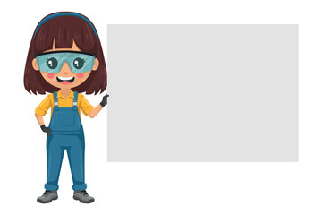 Maintenance technician. Handy woman holding a sign with space for text for advertising, presentations, brochures, focused on maintenance tasks, repairs in industrial and domestic environments