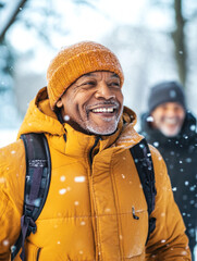 Fototapeta premium Older African American Man Smiling in Snow, Enjoying Winter Outdoors With Friends
