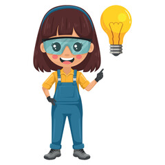 Maintenance technician with a light bulb. Creative concept for the generation of ideas. Handy woman focused on maintenance tasks, repairs in industrial and domestic environments