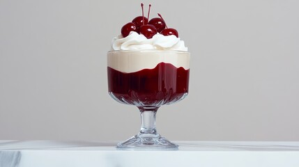 A decadent cherry topped sundae served in a crystal glass with swirls of whipped cream and a drizzle of chocolate rare cherry vibe sweet delight 