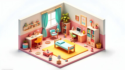 A whimsical isometric view of a child's room, brimming with vibrant colors and playful objects.  A cozy bed, a cheerful desk, and bookshelves create a welcoming space, radiating warmth and joy.