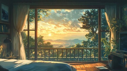 Peaceful Sunrise View from a Cozy Bedroom Window