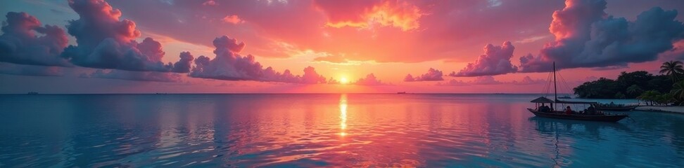 Obraz premium Vibrant sunset hues paint Maldivian sky, reflecting on tranquil ocean , landscape, blue, light