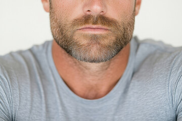 Obraz premium A man with a beard and mustache is wearing a gray shirt