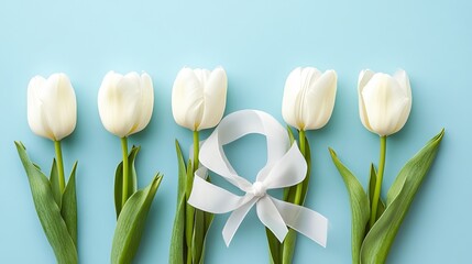 Celebrate International Women's Day on March 8th with our beautiful postcard banner featuring five white tulips arranged in the number eight, elegantly tied with a ribbon against a blue backdrop.