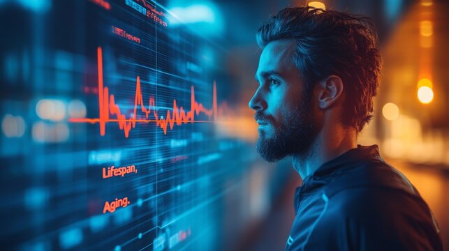 Runner analyzes heartbeat data with digital overlay during evening training session