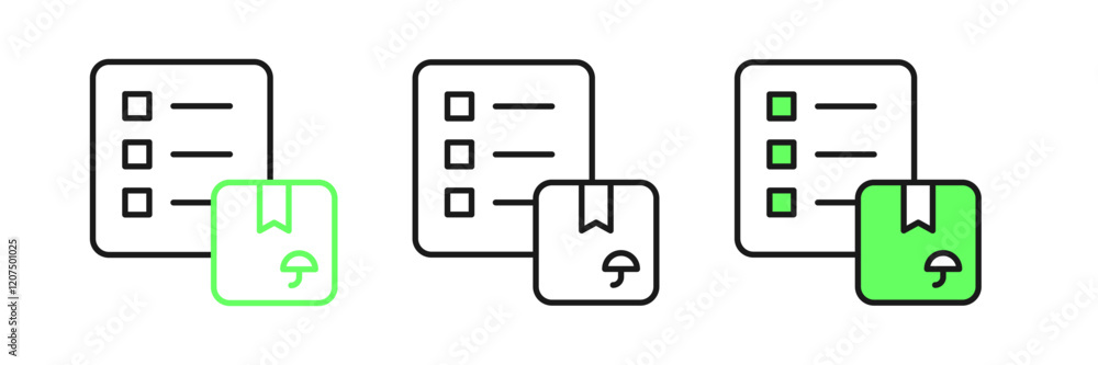 Poster set line verification of delivery list clipboard icon isolated on white background. vector