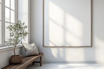 Fototapeta premium Bright and Serene Interior Showcasing Minimalist Space with Natural Light and Decorative Plant Beside Wooden Bench and Empty Art Frame