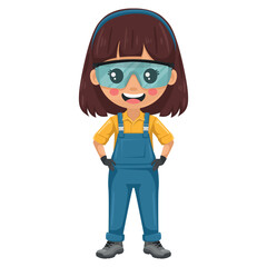 Maintenance technician. Handy woman with personal protective equipment, safety glasses, blue overalls and gloves, focused on maintenance tasks, repairs in industrial and domestic environments