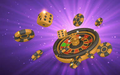 Naklejka premium Realistic 3d casino game concept. Roulette wheel, poker chips, confetti. Gambling concept. Vector illustration