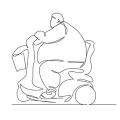 One continuous single drawing line art flat doodle fat man, mobility, scooter, wheelchair, immobilized, disabled. Isolated image hand draw contour on a white background, hand drawn, not AI