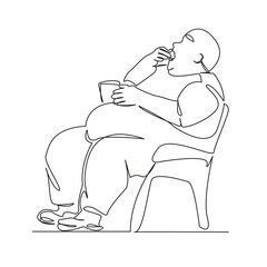 One continuous single drawing line art flat doodle fat man, overweight, food, rest, laziness, obesity. Isolated image hand draw contour on a white background, hand drawn, not AI