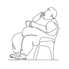 One continuous single drawing line art flat doodle fat man, overweight, food, rest, laziness, obesity. Isolated image hand draw contour on a white background, hand drawn, not AI